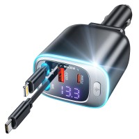 Rolgno Einziehbares Auto Ladegerät, [4 Port Schnellladegerät Auto] 72W Zigarettenanzünder USB C Adapter, PD30W & QC3.0 KFZ Ladegerät, 65CM Doppelkabel Car Charger, Ladekabel Auto für iPhone/Galaxy usw