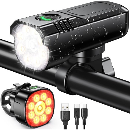 Rolgno Lumiere Velo Avant et Arriere Super Lumineux, Lampe Velo LED Alliage Aluminium Robustes, 8+7 Modes & Rechargeable USB Lumière Vélo, Éclairage Vélo Étanche IP65 pour Cyclisme Nocturne/Course/VTT